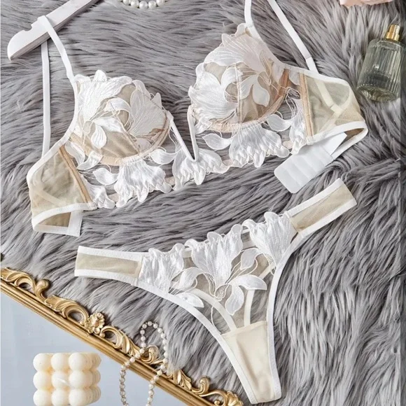 IZA Lotus Ivory Satin Embroidered Over Sheer Mesh Deep V Bustier Bra & Panties - Picture 6 of 15